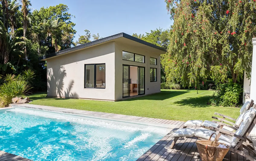 ADU construction project in Los Angeles showing detached backyard ADU with pool, modern design, and outdoor living space