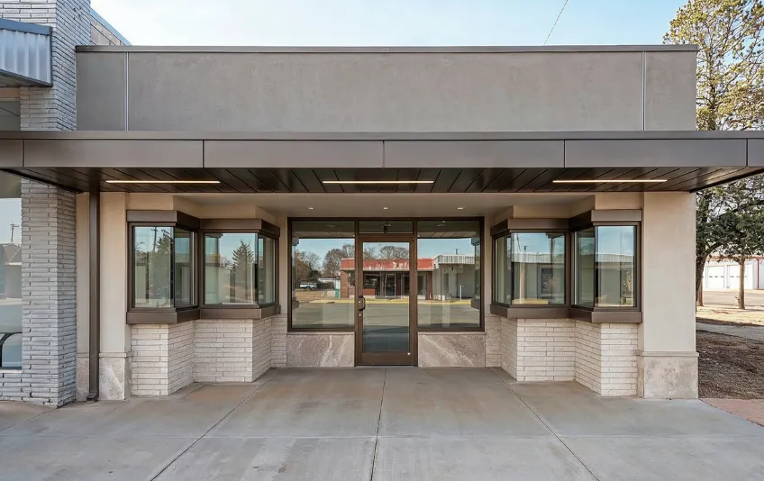 Commercial remodeling project in Los Angeles featuring building entrance renovation with modern facade and structural upgrades