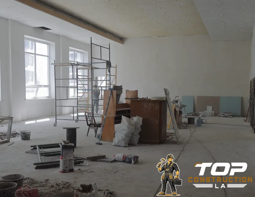 Commercial remodeling in Los Angeles showing office interior renovation work in progress with new walls, flooring, and modern finishes
